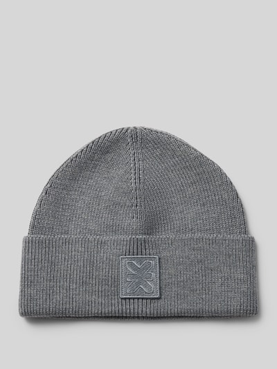 Produktfoto, Beanie aus reiner Wolle von Karo Kauer in Grau mit breitem Umschlag, Label-Patch und Strukturmuster, Damen Beanie