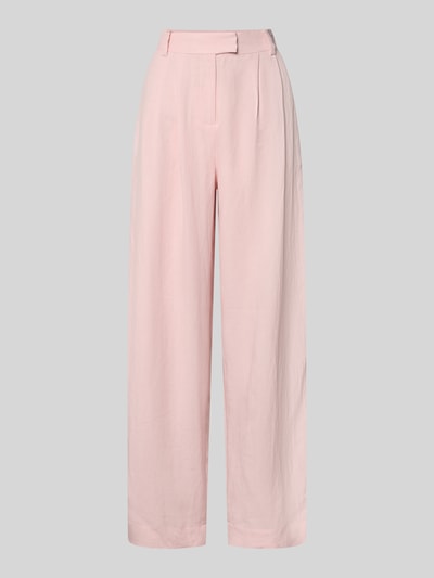 Produktfoto, High Waist Stoffhose aus Viskose-Mix Modell 'Franciska' von MSCH Copenhagen, Damen Stoffhose in zartem Rosaton, Barrel Fit, Leinen-Viskose-Anteil, sichtbare Bundfalten, Gesäßtaschen, glatte texturierte Oberfläche, Bundweite 36 cm, Innenbeinlänge 79 cm.