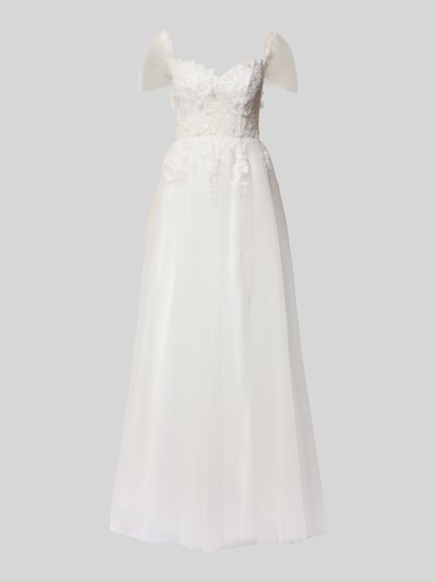 Produktfoto, Brautkleid mit Herz-Ausschnitt von Luxuar, weiß, taillierter Schnitt mit Volants, Nahtreißverschluss, blickdichter Unterrock, Rückenlänge 137 cm, Brustweite 40 cm bei Größe 36