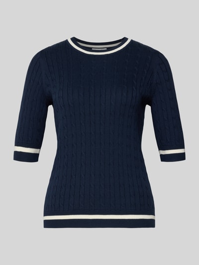 Productfoto, donkerblauwe 'Strickpullover mit gerippten Abschlüssen' van Christian Berg Woman van katoenmix met geribde boorden, ronde hals, halve mouw