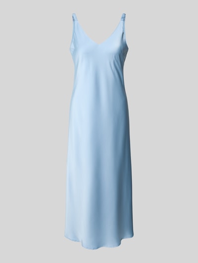 Produktfoto, Relaxed Fit Kleid mit V-Ausschnitt von V by Vera Mont aus hellblauem Satin, ärmelloses Design, Raffung, glatte Textur