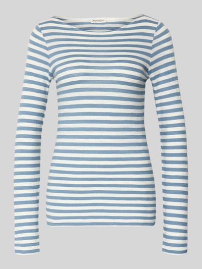 Produktfoto, Regular Fit Langarmshirt aus reiner Baumwolle von Marc O'Polo, Optik: Allover-Muster, gestreift in Blau und Weiß, Logo-Print, U-Boot-Ausschnitt, langarm, glatte Textur