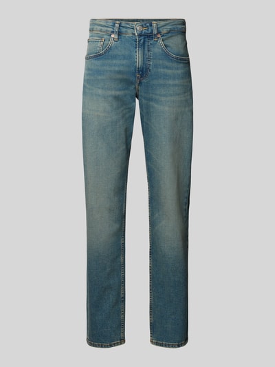 Produktfoto, Straight Fit Jeans aus Baumwoll-Mix Modell 'CASH' von Pepe Jeans in Denim-Optik mit Tapered Passform, Mid Waist, Label Patch, Nieten, Gürtelschlaufen, Kontrastnähten, Knopf mit verdecktem Reißverschluss, 5-Pocket-Design, glatte Textur in Mittelblau.