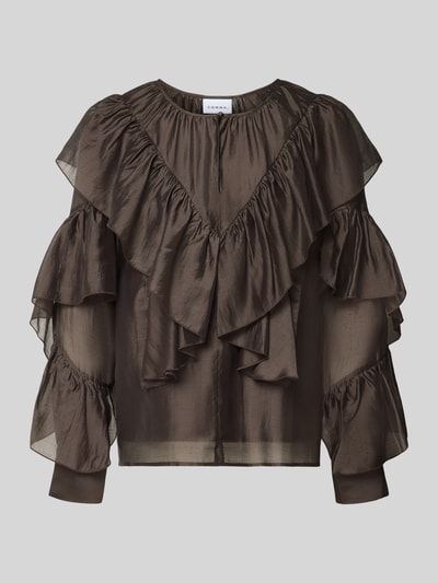 Produktfoto, Regular Fit Bluse aus Lyocell-Mix von COMMA, dunkelbraune Farbe, Rüschenbesatz, langärmelig, glatte Textur