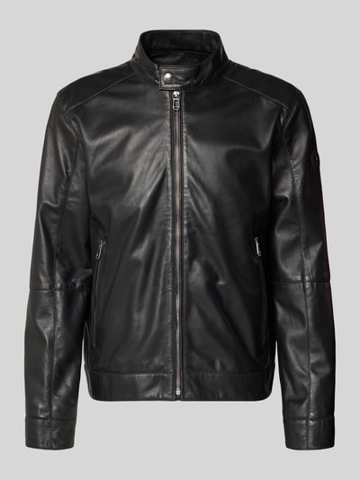 Produktfoto, schwarze Lederjacke mit Reißverschluss Modell 'ASON' von JOOP! Collection aus echtem Lammnappa im Regular Fit mit Stehkragen und Reißverschlusstaschen auf grauem Hintergrund