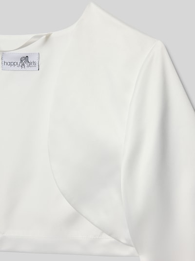 Productfoto, Bolero uit satijn met open voorkant van Happy Girls, kindermaat, wit, korte lengte, gladde textuur, cropped design.