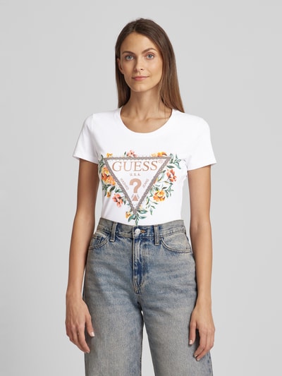 Guess T-shirt met motief- en labelprint, model 'TRIANGLE FLOWERS' Wit - 4