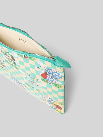 Produktfoto, Pouch mit Reißverschluss von Kenzo in Mintgrün mit Allover-Motiv-Prints, Label-Details, Hauptfach mit Reißverschluss, glatte Textur