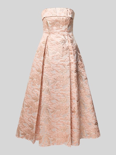 Produktfoto, Regular Fit Midikleid mit floralem Allover-Stitching von Adrianna Papell in Rosa mit A-Linie, taillierter Passform, schulterfrei, Kellerfalten, Nahtreißverschluss, Struktur mit floralen Mustern, Details zu Rückenlänge und Brustweite in Größe 36.