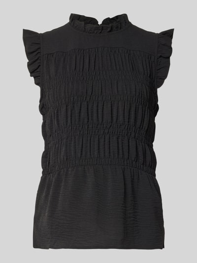 Produktfoto, Blusentop mit Rüschenkragen Modell 'CATH' von Soyaconcept, Körpernaher-Schnitt, Rüschenärmel, Smok-Detail, schwarze Textur