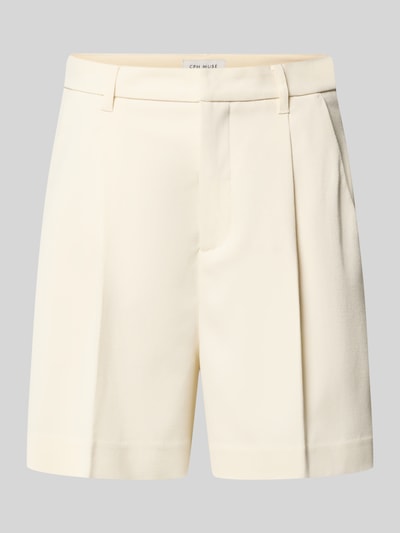 Produktfoto, kremowe Straight Fit Shorts mit Viskose-Anteil Modell 'Tailor' von Copenhagen Muse, szerokość w rozmiarze S: 37 cm, długość nogawki wewnętrznej w rozmiarze S: 11 cm, elastyczna mieszanka materiałów, kanty, kieszenie skośne, zapięcie na haftkę i zamek, gładka faktura