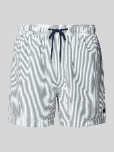 Produktfoto, Badehose mit elastischem Bund und Tunnelzug von MCNEAL in Weiß mit feinen grauen Streifen, Baumwoll-Mix, Regular-Fit, Label-Stitching