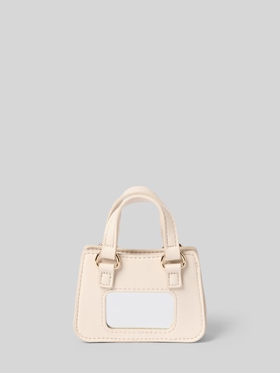 Produktfoto, Tasche in Leder-Optik mit Logo-Detail von Guess in Beige mit goldfarbenen Details, rechteckige Form, glatte Oberfläche.