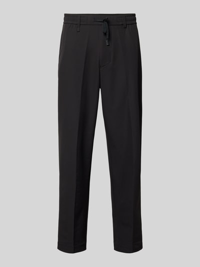 Productfoto, Tapered Fit Anzughose aus bügelleichtem Material Modell 'T_CONVERT' van BOSS Green in effen zwart, regular fit, cropped lengte, tunnelkoord, gestreken vouwen, snel drogend, geïntegreerde kaarthouder, zij-ingestoken zakken, four-way stretch.