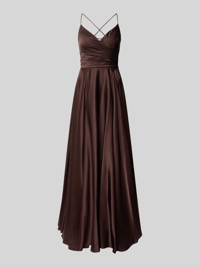 Produktfoto, Maxikleid mit rückseitiger Schnürung von Hey Kyla in Braun, A-Linie, V-Ausschnitt, Material-Mix mit Stretch, seidig glänzende Oberfläche.