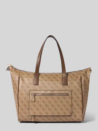 Produktfoto, Shopper mit Logo-Muster Modell 'LATONA CARRYON' von Guess in Beige und Braun, Reißverschluss, Tragehenkel, Schulterriemen, strukturierte Oberfläche