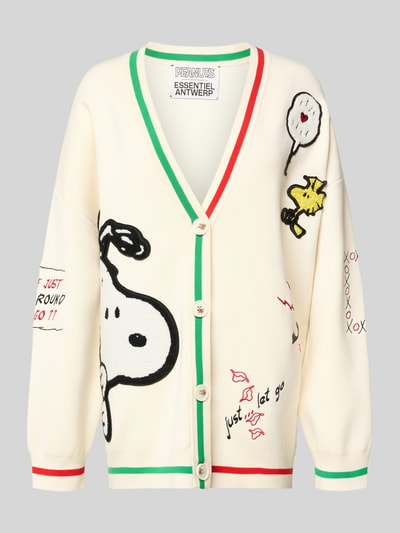 Produktfoto, Loose Fit Strickjacke mit Viskose-Anteil Modell 'JASEBALL SNOOPY EMBO' von Essentiel Antwerp in Creme mit Motiv-Stitching, V-Ausschnitt, einreihiger Knopfleiste, Kontraststreifen, Feinstricktextur
