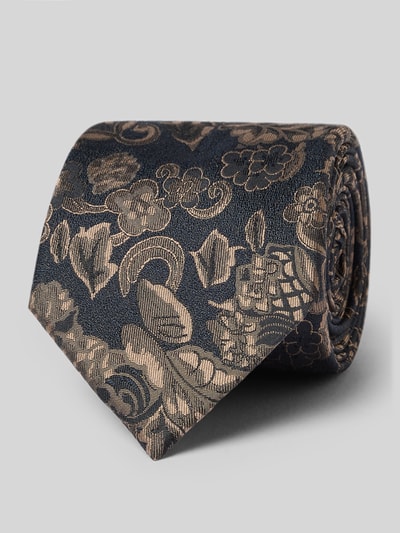 Produktfoto, Krawatte aus reiner Seide mit Logo-Detail von Willen, florales Design in Dunkelblau und Beige, spitze Passform, 7 cm Breite