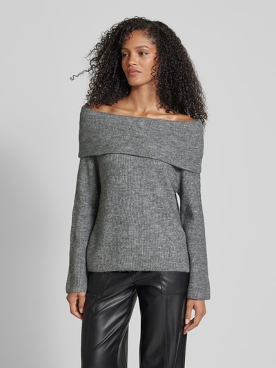 Vero Moda Regular Fit Strickpullover mit Off-Shoulder-Ärmeln und breitem Umschlag Modell 'ERA' Mittelgrau Melange 4