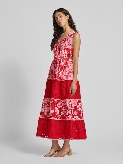 Oui Maxikleid mit Lochstickerei Hellrot 1