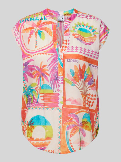 Produktfoto, Blusentop aus Baumwolle im Allover-Look von Emily Van den Bergh, bunte Pastellfarben, lockere Passform, V-Ausschnitt, Rio-Motive