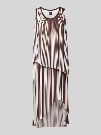 Produktfoto, A-Linien Kleid mit Allover-Muster Modell 'ETARBI' von BOSS in Braun-Weiß mit Rundhals, breite Träger, asymmetrischer Saum, Midi-Länge