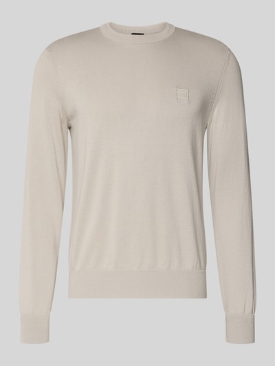 Produktfoto, Regular Fit Pullover aus Baumwoll-Kaschmir-Mix Modell 'KANOVANO' van BOSS Oranje, effen look in beige, labelpatch, geribde mouwboorden en rompzoom, ronde hals, gebreide structuur, zachte textuur.