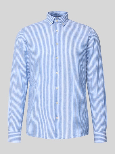 Produktfoto, Slim Fit Freizeithemd aus Leinen-Mix Modell 'Stone' von CINQUE, blauer und weißer Streifen, Button-Down-Kragen, Langärmelig, Baumwoll-Leinen-Mix.