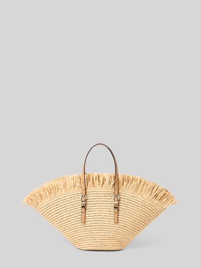 Produktfoto, Handtasche in Flecht-Optik von MICHAEL Michael Kors aus hellem Naturmaterial mit Fransenrand, verstellbare Schulterträger, offenes Hauptfach, Innenfach, Maße ca. 45 cm Breite, 23 cm Länge, 9 cm Tiefe, Schulterriemen 40 cm, Textur geflochten.