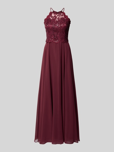 Produktfoto, Tailliertes Abendkleid mit Spitzenbesatz von Vera Mont, Dunkelrot, transparente Spitze und fließender Stoff, Damen Abendkleid von VM by Vera Mont
