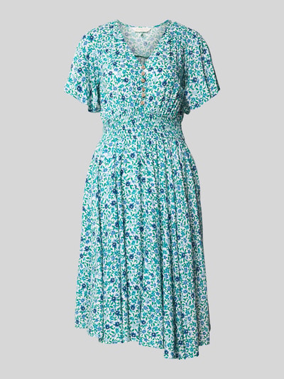 Produktfoto, Knielanges Kleid aus Viskose von Apricot mit Allover-Muster in Blaugrün, taillierter Schnitt, V-Ausschnitt, Knopfleiste, leicht fallende Textur