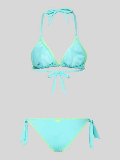 Produktfoto, Bikini mit Stitchings und Schnürung von Banana Moon, türkis mit gelben Akzenten, Material-Mix, körpernahe Passform, Stretch-Anteil