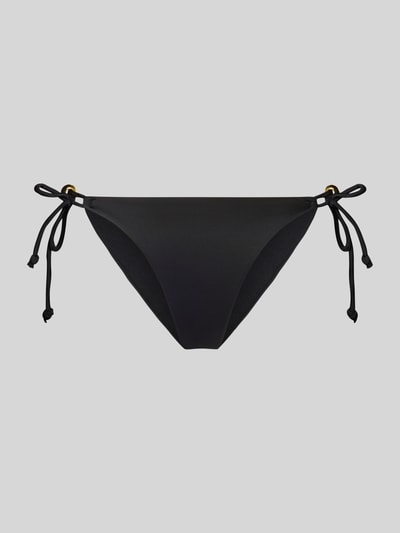 Produktfoto, Bikini-Slip mit seitlicher Schnürung Modell 'TOGO MAGO' von DORINA, schwarzer Stoff, glatte Textur, Material-Mix mit Stretch-Anteil, Allover-Muster.