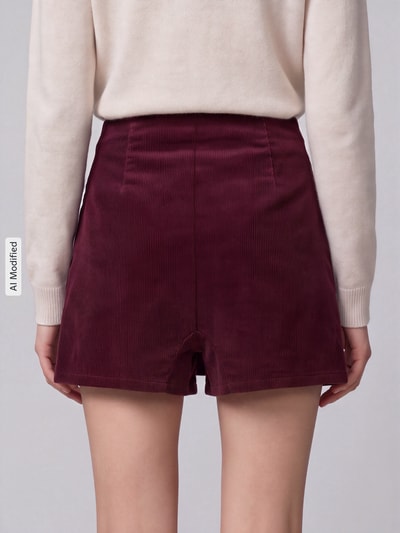 Frauenmodel trägt Regular Fit Short-Rock aus Baumwoll-Mix Modell 'ZEVA' von ONLY, unifarben, Cordstruktur, Ganzkörperansicht Rückansicht, KI-modifiziertes Bild.