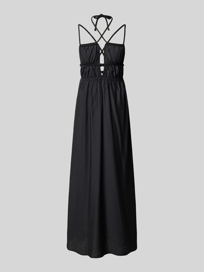 Produktfoto, schwarzes Maxikleid aus Viskose-Mix mit Flecht-Detail, Spaghetti-Träger, taillierte Passform, Modell 'Hanke' von LeGer by Lena Gercke, strukturierte Oberfläche