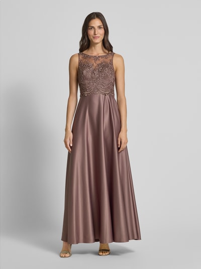 Laona Avondjurk van satijn met kant Middenbruin - 1