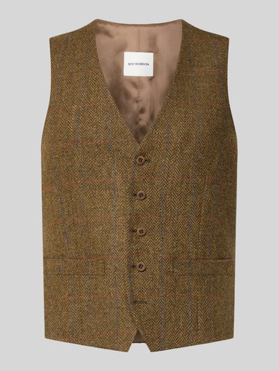 Produktfoto, Regular Fit Weste aus reiner Viskose mit Paspeltaschen von Roy Robson, braunes Fischgrätmuster, matte Knöpfe, neutrale Studioansicht. Kontext: Herren Weste, reine Viskose, Paspeltaschen, durchgängige Knopfleiste, V-Ausschnitt, Rückenlänge 60 cm, Schulterbreite 37 cm, Brustweite 51 cm