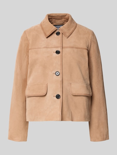 Produktfoto, Lederjacke aus Ziegenvelours mit Pattentaschen von More & More in Beige, glatte Textur, Umlegekragen, Knopfleiste, Regular Fit.