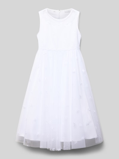 Produktfoto, weißes Minikleid mit Rundhalsausschnitt von Weise, taillierter Schnitt, Nahtreißverschluss, blickdichtes Unterkleid, Rückenlänge bei Größe 134: 87 cm, zarte Tülltextur, feine Stickereien.