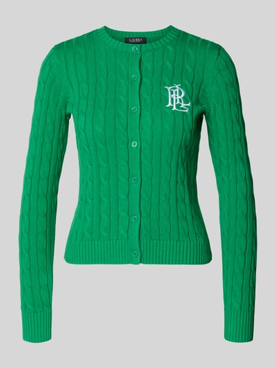Produktfoto, grüne Strickjacke mit Zopfmuster und Label-Stitching Modell 'RALHAN' von Lauren Ralph Lauren aus reiner Baumwolle, Slim Fit.