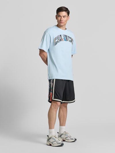 Männermodel trägt T-Shirt mit 1/2-Arm von COLUCCI in Hellblau, Gerader-Schnitt, Rundhalsausschnitt, Reine Baumwolle, Ganzkörperansicht von vorne.