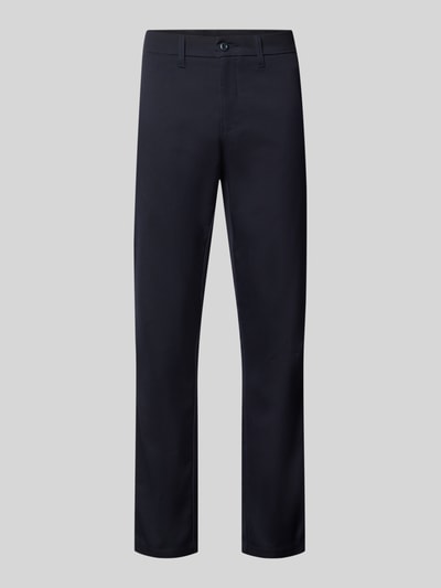 Produktfoto, Skinny Fit Hose aus Baumwoll-Mix Modell 'SID' von Carhartt Work In Progress in Dunkelblau, glatte Stoffstruktur, seitliche Eingrifftaschen, Gesäßtaschen, Knopf- und Reißverschluss, Innenbeinlänge 79 cm, Bundweite 45 cm, Herrenhose
