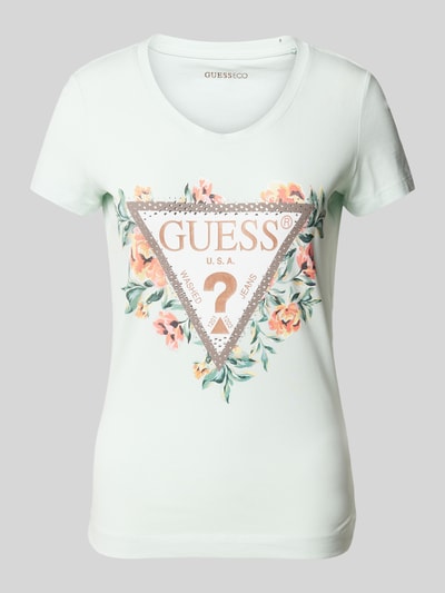 Guess T-shirt z nadrukowanym motywem i logo model ‘TRIANGLE FLOWERS’ Miętowy 2