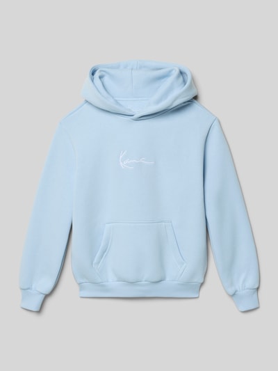 Produktfoto, Kinder Hoodie mit Logo-Stitching von KARL KANI aus Baumwoll-Mix in Hellblau, lockerer Schnitt, Känguru-Tasche, Kapuze