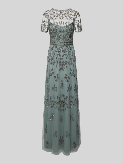 Produktfoto, Abendkleid mit Zierbesatz von Lace & Beads in Grün, aus Mesh mit Rundhalsausschnitt, tailliertem Schnitt und ausgestelltem Rock, unifarbenes Design mit opulenten Zierbesätzen und blickdichtem Unterkleid, Haken- und Nahtreißverschluss, florale Stickerei und glatte Textur.