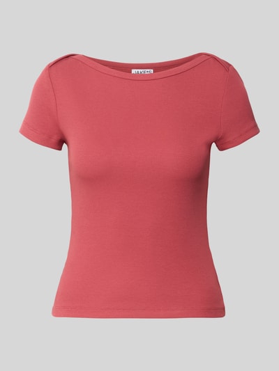 Produktfoto, T-Shirt mit U-Boot-Ausschnitt von Jake*s Casual in Rot, fein gerippter Baumwoll-Mix mit Stretch, körpernaher Schnitt, glatte Textur.