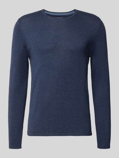 Productfoto, gebreide pullover van katoen met ronde hals van Christian Berg Men, slim fit, donkerblauw, structuur, puur katoen, ruglengte maat M 68 cm, mouwlengte maat M 69 cm