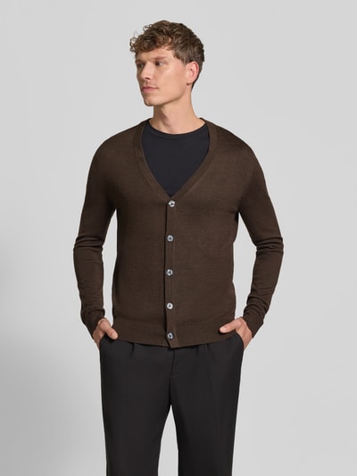 Christian Berg Men Cardigan aus Woll-Mix mit V-Ausschnitt Dunkelbraun Melange 4