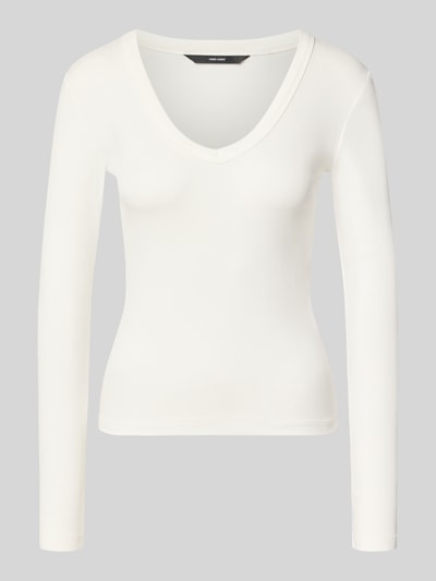 Produktfoto, Slim Fit Langarmshirt aus Baumwoll-Mix Modell 'CHLOE' von VERO MODA, cremefarben, feine Rippenstruktur auf grauem Hintergrund, Damen Langarmshirt von VERO MODA