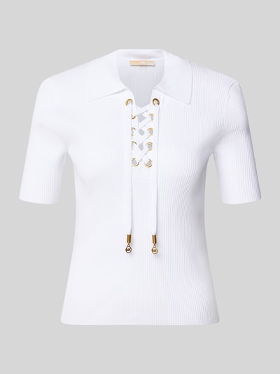 Produktfoto, Strickshirt mit Schnürung und Umlegekragen van viscosemix met stretch, nauwsluitend model, platte kraag, v-hals met vetersluiting, fijnrib, labeldetails